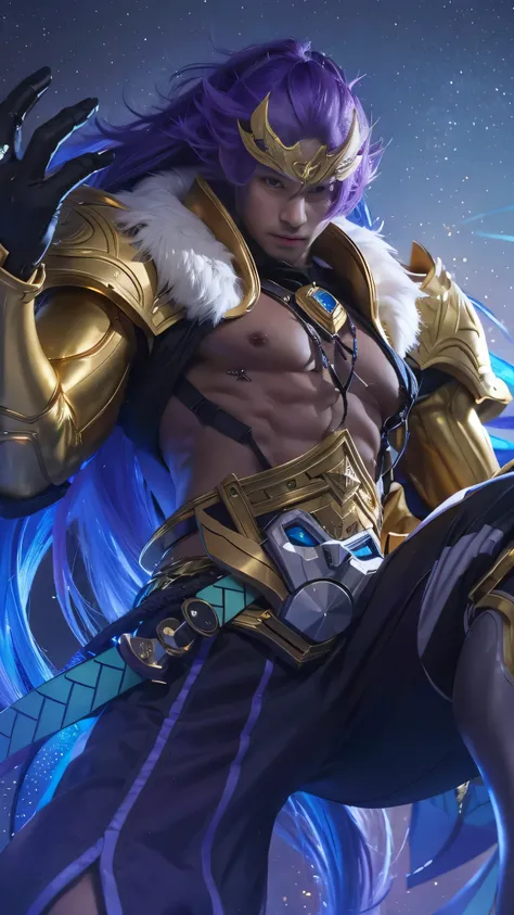 male focus, 8k, very detailed, a man with purple hair and gold clothing