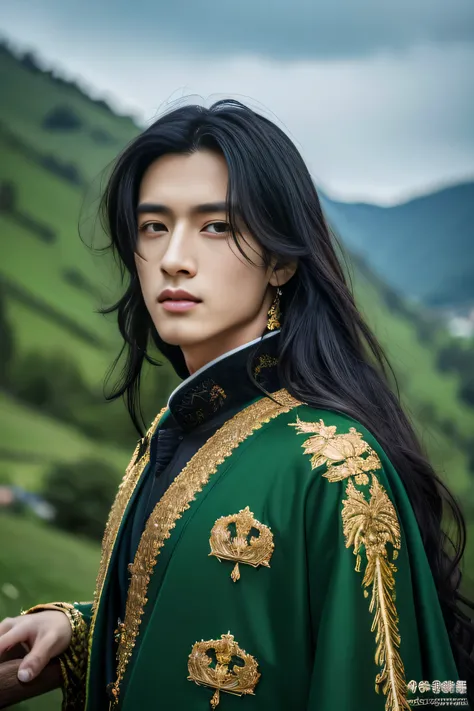 Best quality, masterpiece, ultra high res, (photorealistic:1.4), detailed face, detailed eyes, raw photo, 25 year old male, black hair, ((full body)), view from top, (mountain background:1.2), perfect hands, perfect eyes, long black hair, wearing dark gree...