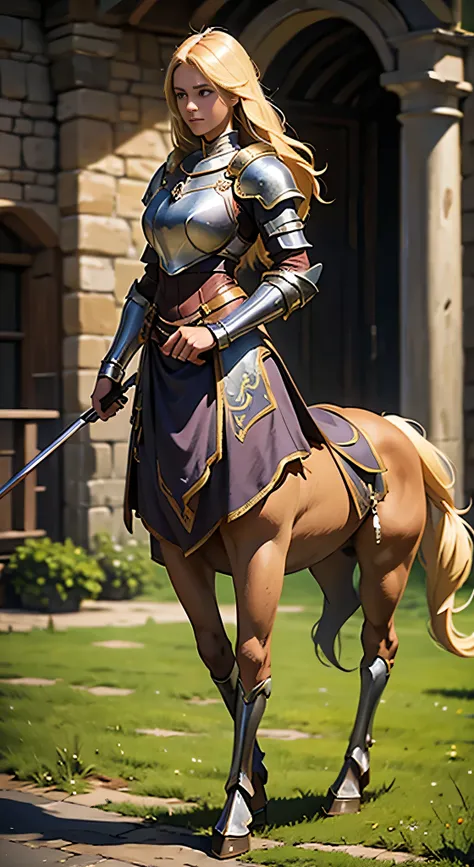 highly detailed full body full color cinematic photo of a female centaur:1.2, ((1girl)), standing, blonde hair, hooves, 4 legs, breastplate, gauntlets, realistic, depth of field, blurry background, distant medieval town, photorealistic, analogue photograph...