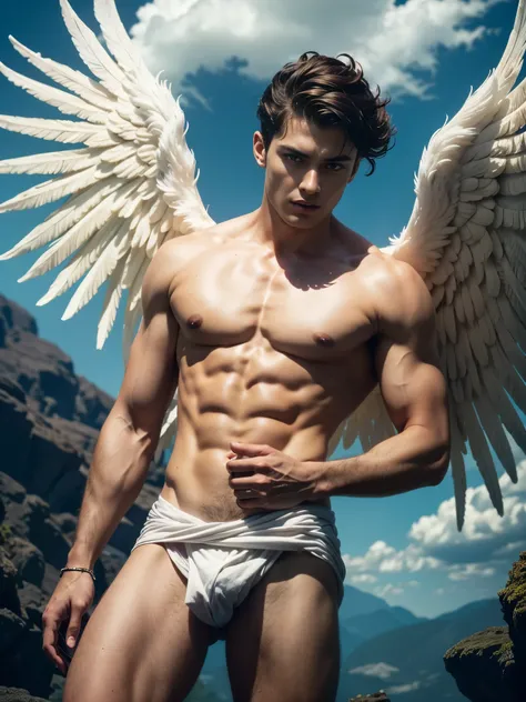 -((masterpiece)),((best quality)),8k, high detailed, ultra-detailed, Stylish Pose, real skin texture, dark cinematic lighting, 21 year-old Italian male model, barechested, shirtless, handsome italian, cute looking, divine look, powerful light greeneyes, he...