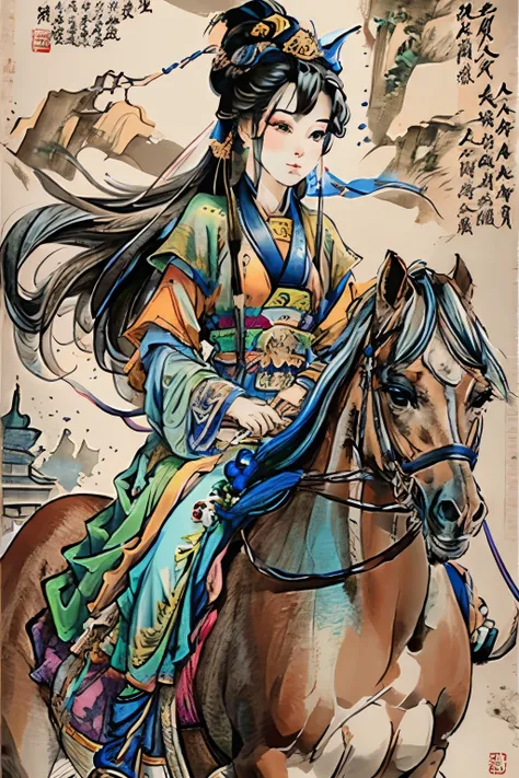 a painting of a woman riding a horse with a woman on it, inspired by Yun-Fei Ji, by Xuande Emperor, by Shang Xi, by Wang Lü, by Wang E, by Xu Xi, by Li Zai, by Guo Xi, by Qian Du, by Yang J, by Qu Leilei, by Zhou Fang, by Qiu Ying