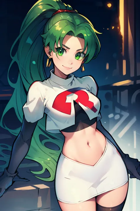 lyn, ponytail, green eyes, green hair, earrings ,team rocket uniform, red letter r, white skirt,white crop top,black thigh-high ...