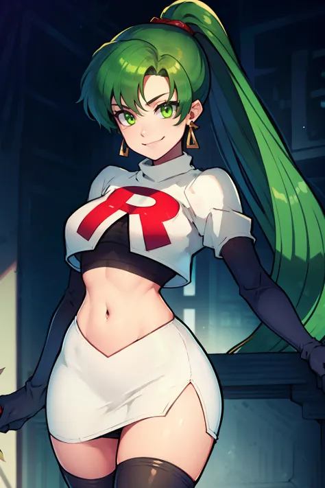 lyn, ponytail, green eyes, green hair, earrings ,team rocket uniform, red letter R, white skirt,white crop top,black thigh-high boots, black elbow gloves, evil smile, looking at viewer, cowboy shot, 