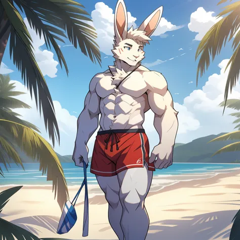 white skin，（rabbit ears），teenager，rabbit，rabbit furry，male，rabbit，white fur，white skin，whole body，naked，how，，beachwear，