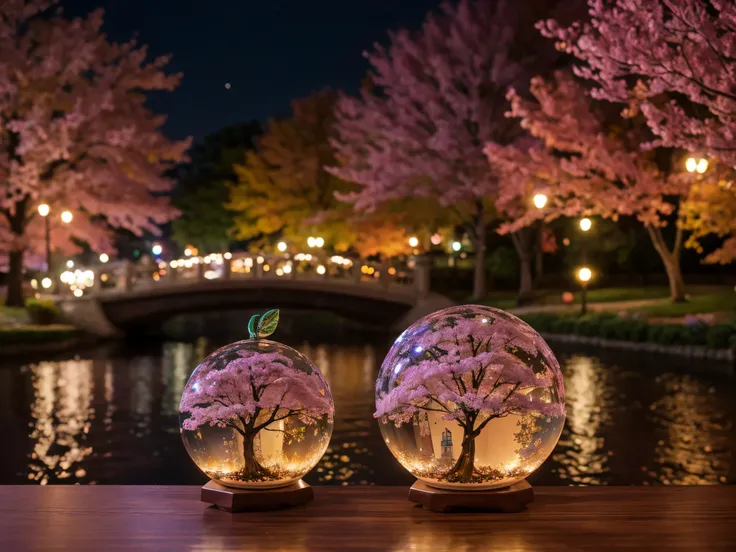 there a glass apple sculpture, concealed inside is a picture of a beautiful japanese landscape inside of it with pink trees and ...