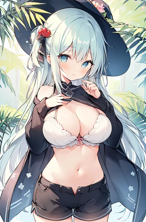 ((huge breasts、huge breasts)), beautiful breasts、(big breasts),Super detailed、#3b4195 background、beautiful flower、berry、far、leaf、calm color watercolor pattern、(watercolor texture)、(1 girl)、long hair、cute、 short petite pretty woman, 、 super detailed face、fi...