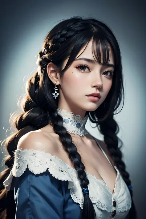 anime girl with long black hair and braids in a blue dress, artegerm. alto detalhe, digital anime illustration, retrato artegerm, retrato de fantasia digital, retrato de personagem em close, lindas fotos de avatares, artegerm. anime illustration, beautiful...