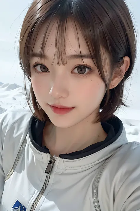 highest quality、masterpiece、ultra high resolution、(real:1.4)、Beautiful woman１、Beautiful details of eyes and skin、smile、light brown short cut hair、The perfect spacesuit、Gray sky、Snow Planet、