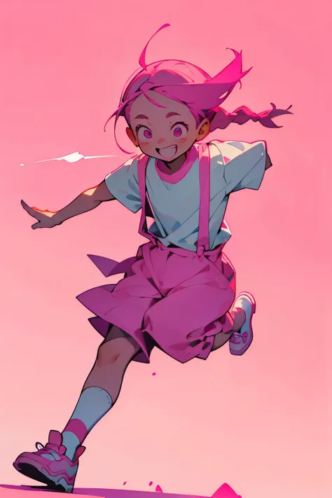 shape：pink hair，pink eyes，Two small braids，Pink suspenders，pink shoes，White T-shirt，little girl，Fat girl，about 5 years old。character：energetic and cute，rae，Young Lady，action：Running from afacing the camera，happy smile