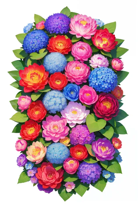 aerial view, birds eye view, looking down on, row of vibrant flowers, colourful flowers, brightly coloured flowers, vibrant and vivid, vibrant hues, japanese flowers, white background, hydrangea, tsubaki, peony, lotus, ceremonial flowers, flower arrangemen...