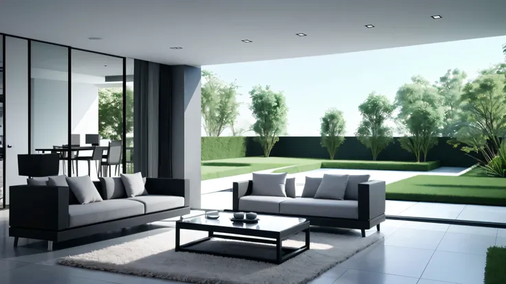 You are a famous interior designer、You have been asked to create a 3D image of a modern large room. Create a harmonious environment with modern and minimalist furniture. Including garden interior.
