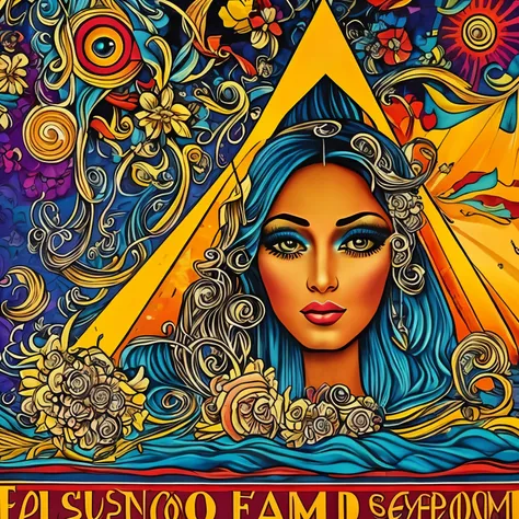 a 1960s filmore east san francisco california psychedelic concert poster with a beautiful woman&#39;s face melting in paint and with a pyramid with one eye in the center in the front and mushrooms with fairies sitting and wax melting in paint and letters i...