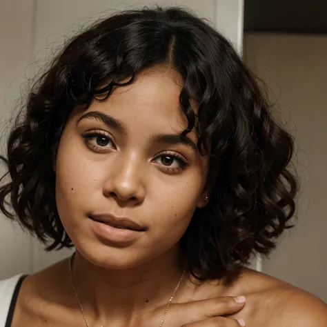 Black woman with a round face and curly hair