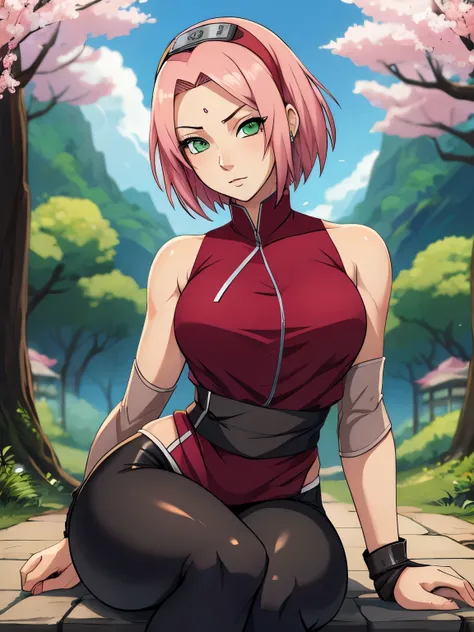 ((ultra quality)), ((masterpiece)), haruno sakuro, naruto, ((pink short hair)), (beautiful cute face), (beautiful female lips), ...