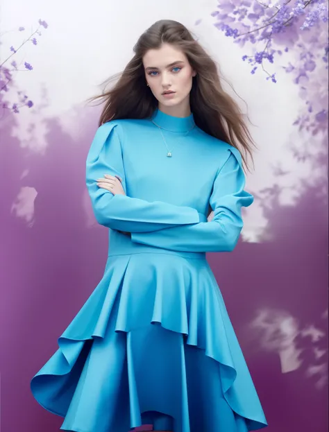 Una mujer con un vestido azul posando para una foto, Masha Krasnova, vestido de seda azul, vestido de azul, cielo - vestido azul, alexandra fomina, Editorial de moda, Editorial oficial de Jil Sander, 20, Editorial oficial de Dior, editorial oficial valenti...