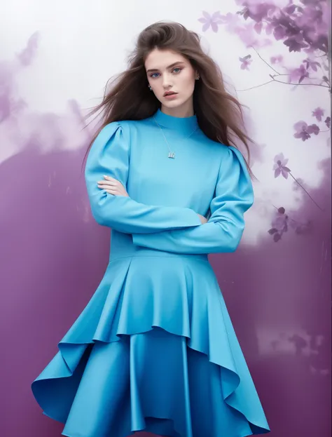 Una mujer con un vestido azul posando para una foto, Masha Krasnova, vestido de seda azul, vestido de azul, cielo - vestido azul, alexandra fomina, Editorial de moda, Editorial oficial de Jil Sander, 20, Editorial oficial de Dior, editorial oficial valenti...