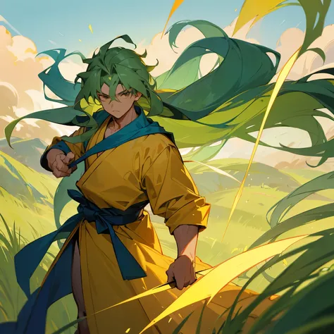 Light Green Hair , Golden Eyes ,Dark Blue Robes , Blue Sash belt , martial arts clothing, Long Hair , Wavy Hair , Muscular , Sunny Grassy Planes background , Adult Male , Gon Hair , Old male , 1male , Fat 