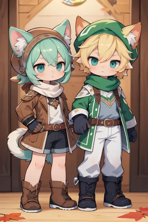 Back, Head Scratching, Anime Character Wearing Brown Hat and Gloves and Green Scarf, Single, Standing Painting, Art Style of Rune Factory 5, Character Art of Maple Leaf Story, Larrafal, Rune Factory 5, Cute Character, ((Character Concept Art)), Maple Story...