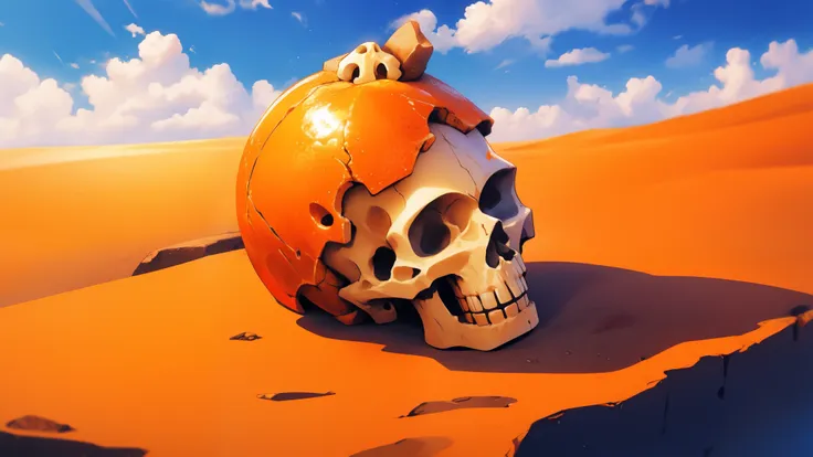 a orange sandlandscape with the skull in top left corner