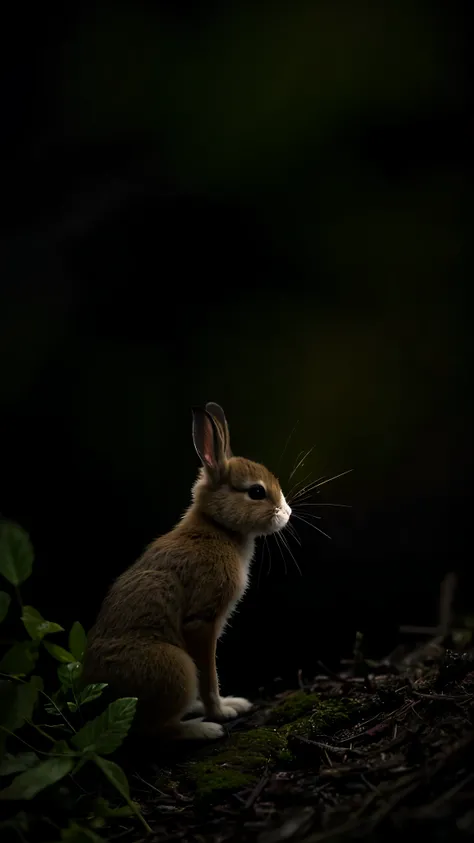 Close up photo of baby bunny in moody forest、natta、fireflys、Volumetric fog、Halation、bloom、Dramatic atmosphere、central、thirds rule、400mm 1.4F Macro Shot, moody forest, dark, night, dark colour pallet, glowing fireflies, macro detail