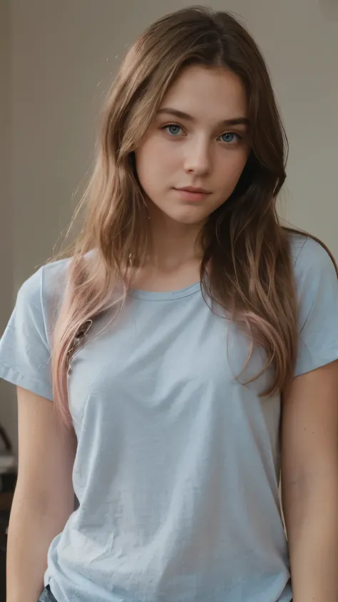 Cute modern  girl, pale blue eyes, imperfect wavy light brown, loose pink shirt, cute pose, slightly imperfect lighting