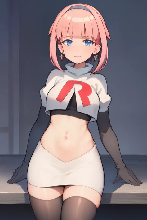 (extremely detailed CG), (best quality), perfect face, shiny skin, lustrous skin, 1girl,solo   narrow waist,  wide hips, mollie, pink hair, bangs, blunt bangs, earrings, jewelry, blue eyes, short hair, piercing,ear piercing, hairband,team rocket,team rocke...