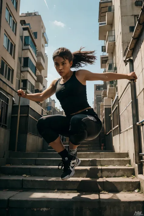 A girl with impressive parkour skills navigates an urban environment effortlessly. She effortlessly jumps over obstacles, leaps between buildings, and performs stunts with precision. Her movements are agile and fluid as she uses her surroundings to her adv...