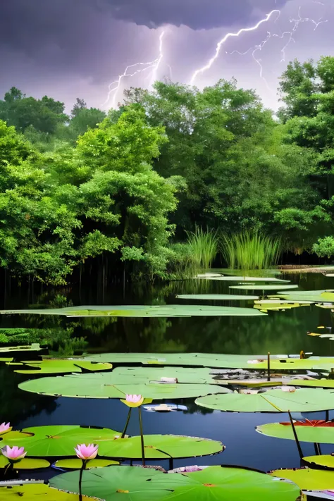 a thunderstorm with lightning over a pond with waterlilies.