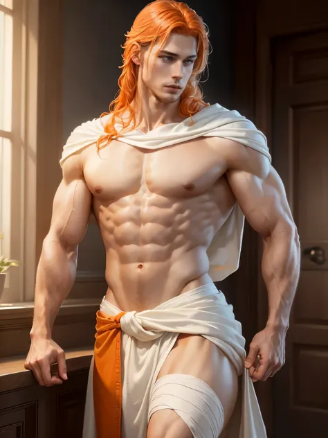 (hyper-realistic digital illustration), such as a Renaissance sculpture, extremely handsome boy wearing a towel at the bottom,clean shaved,standing on his back,with legs standing,athletic body,(white skin), bare chest, smooth chest, (long shaggy orange hai...