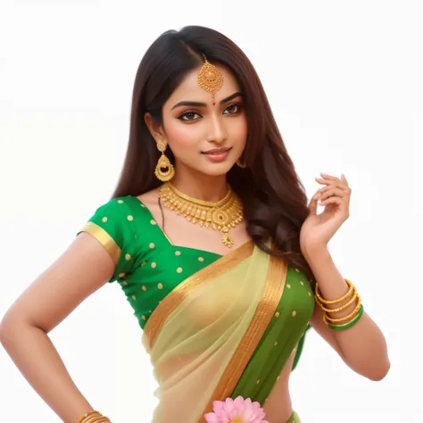 a woman in a saree with a flower in her hand, dressed in a saree, Indian goddess, Indian super model, Indian goddess of wealth, female model, saree, wearing saree, Indian, wearing a saree, actor, Very nice Enga style, Indian style, Dressed in exquisite gre...