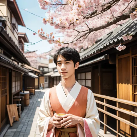 a young man in his 20s in Japan, vibrant and stylish, with fashionable clothing and hairstyle, in a lively urban setting. The scene is set during cherry blossom season, with beautiful sakura flowers blooming all around. The man is surrounded by traditional...