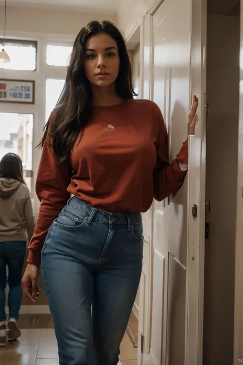 RAW photo, realistic, one very tall huge (minigiantess) woman, red sweatshirt and (jeans), (standing walking in a doorway), coffee shop, ducking, bent over, leaning over, muscular,volutpuous, table, chair, window, ceiling, (high detailed skin), 8k uhd, dsl...