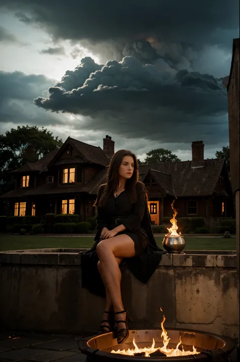 A woman with brown hair  is sitting in a huge cauldron standing on fire, against the background of an ominous house, cloudy