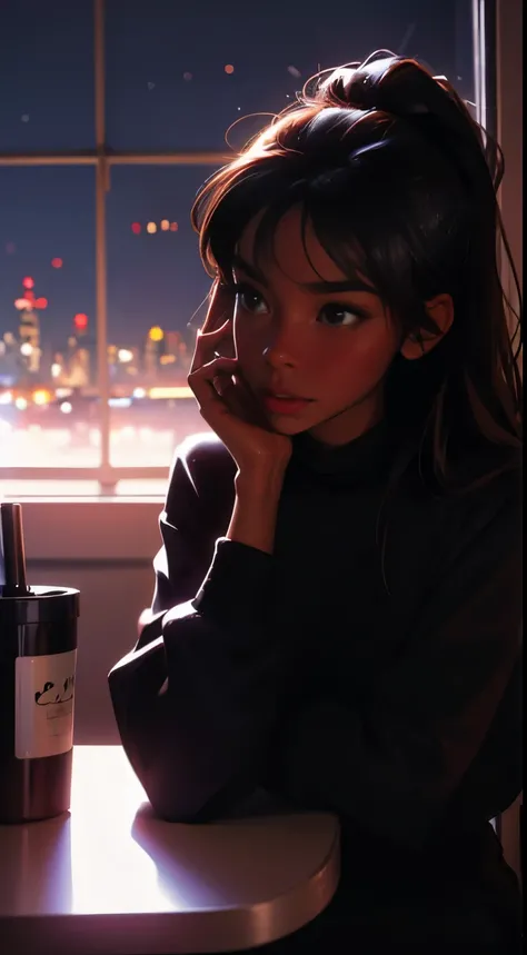 ((masterpiece, best quality, ultra detailed, ultra high res)), ((night)), (distant), chiaroscuro, coffee, indoors, solo focus, pov, (through the window), (armrest), 1 girl,(dark skin), ebony skin, ebony nose, full lips, facing away, black hair, long hair, ...