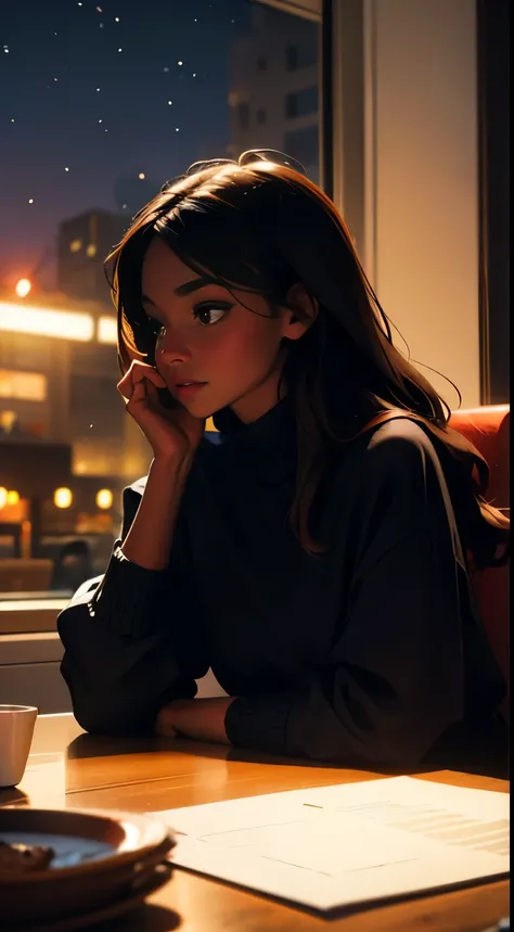 ((masterpiece, best quality, ultra detailed, ultra high res)), ((night)), (distant), chiaroscuro, coffee, indoors, solo focus, pov, (through the window), (armrest), 1 girl,(dark skin), ebony skin, ebony nose, full lips, facing away, black hair, long hair, ...