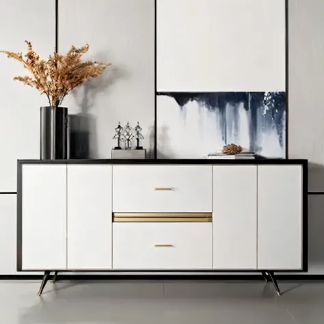 A white and black sideboard，There  a vase on it, cupboard家具, modern gallery furniture, elegant furniture, Elegant and refined,  clean lines, luxury furniture, wooden cabinet, style furniture,  furniture, masterpiece w 1024, Elegant and refined painting, de...