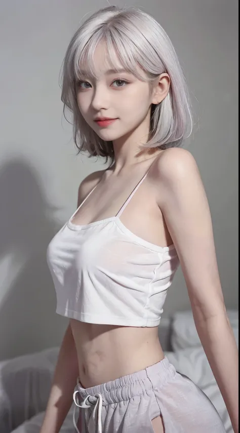 best image quality、Raw photo、ultra high resolution、21 year old Korean、small breasts、dynamic angle、cowboy shot、the most beautiful form chaos、elegant、innovative design、brutalist design、vivid colors、beautiful white hair、short bob、smile、glossy white skin、beaut...