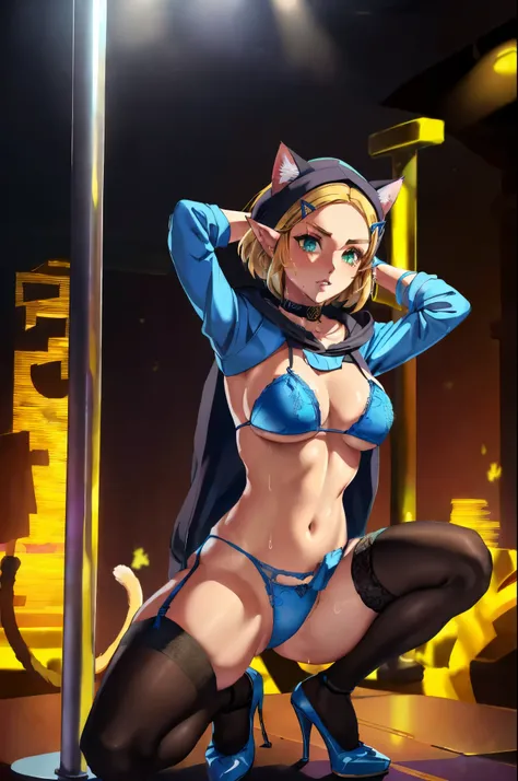 1female, 20yo, (Zelda, totk, short hair, capelet, techk1tty, blue bikini with gold lacing, blue thong with gold lacing, sexy, large breasts, blue lacey high heels, hands behind head, large breasts, ), showing stomach, ((((wearing hood, hood has cat ears, c...