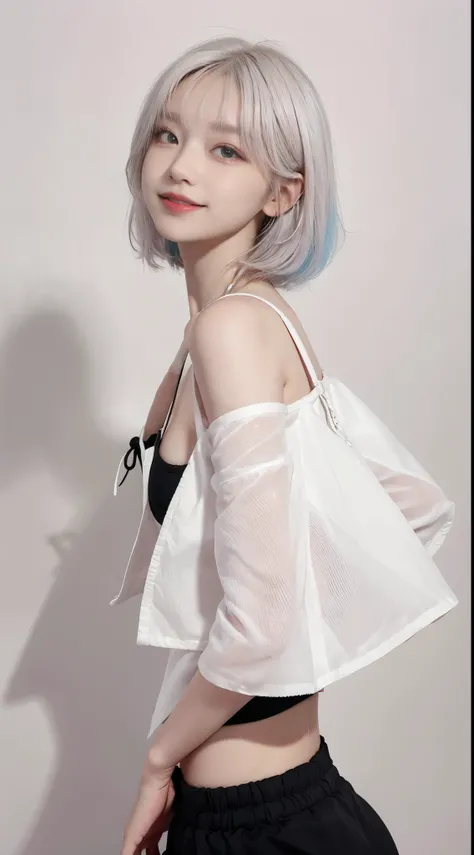 best image quality、Raw photo、ultra high resolution、21 year old Korean、small breasts、dynamic angle、cowboy shot、the most beautiful form chaos、elegant、innovative design、brutalist design、vivid colors、beautiful white hair、short bob、smile、glossy white skin、beaut...