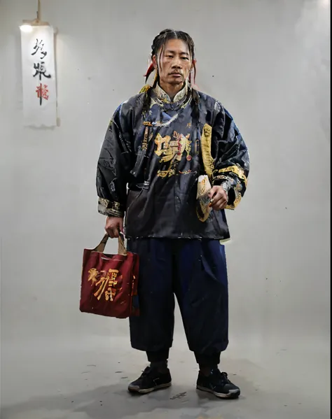 A person holding a cage, Chinese style, Shabby cotton clothes, worn cotton shoes, Shabby pants, Wearing braids from the Qing Dynasty, poverty