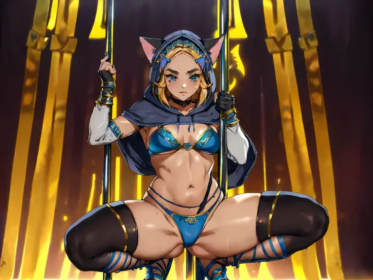 1female, 20yo, (Zelda, totk, short hair, capelet, techk1tty, blue bikini with gold lacing, blue thong with gold lacing, sexy, large breasts, blue lacey high heels, hands behind head, large breasts, ), showing stomach, ((((wearing hood, hood has cat ears, c...