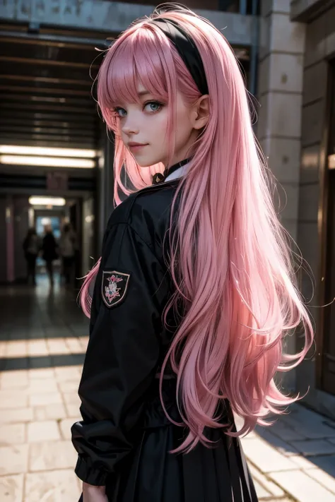 (1Girl, Russian, Beautiful, smiling, 18yo, ((Messy pink hair with a fringe)), (pink perfects eyes), ((wearing ((black)) school uniform))), ((In a school corridor)),