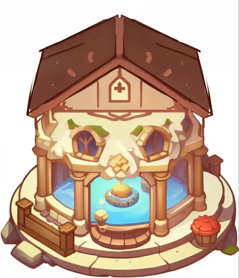 Image of a small house with a bathtub, Heart Stone original art style, Dofus, Maple Leaf Story style, Dining room!, bathhouse, background art, pub background, Shinhwa Shrine, In-game graphics, in a magical store, detailed!, water temple, Fantasy Alchemist ...