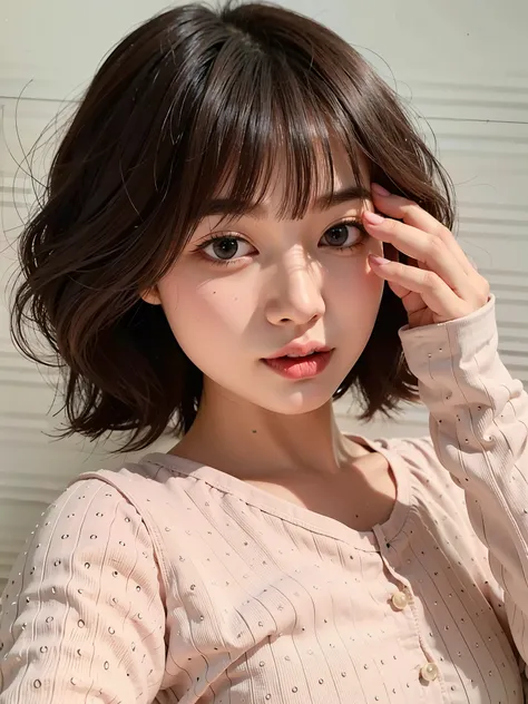 There a young girl wearing a pink shirt, short hair, 短curls with bangs, Urzan, young cute korean face, korean girl, Hair with bangs, 🤤 girl portrait, sakimicchan, 棕色刘海short hair, 8k photos, Chen Sumi, 美丽的年轻korean girl,curls,short hair