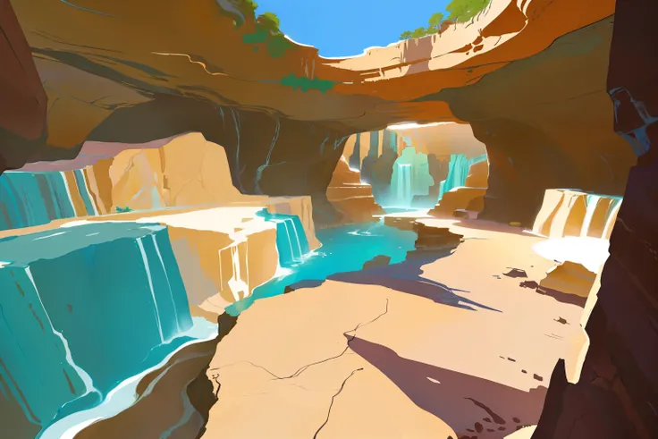 there  a painting，The painting  of a cave with a waterfall, canyon background, Desert oasis background, background art, Cave with waterfall, low detail. digital painting, a digital painting, detailed digital painting, brown canyon background, cave backgrou...