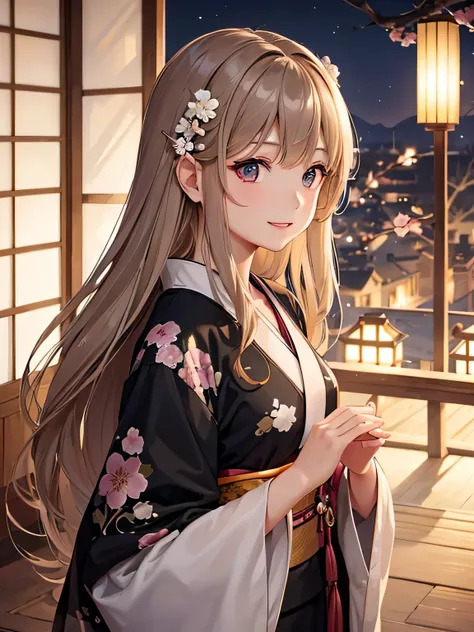 light brown hair、long hair、or period、black kimono、confused、Very beautiful and delicate shining eyes、Beautiful smile with attention to detail、profile、;d、beautiful and delicate flowing hair、Delicate and detailed beautiful hands、very delicate and detailed fin...