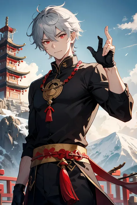 Male catman, Gray hair with black spots, Red eyes, against the backdrop of a mountain and a Chinese temple