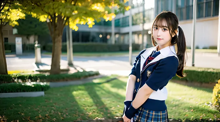 An 18-year-old high school girl wearing a miniskirt uniform is wearing a scarf..