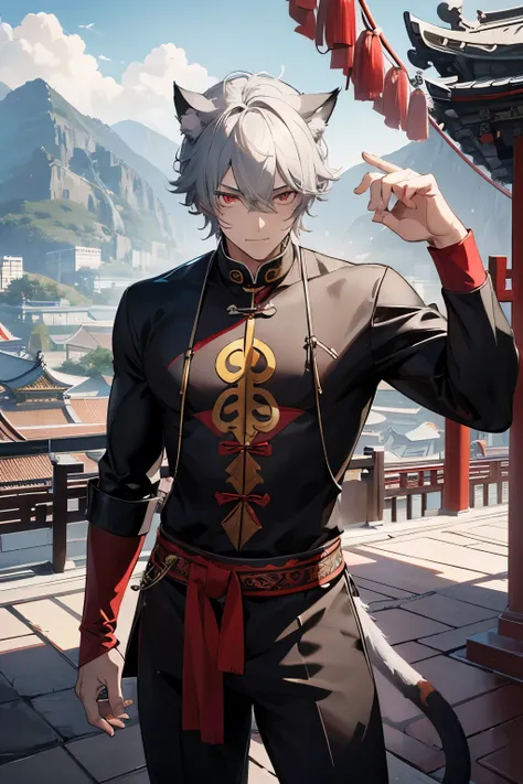 Male catman, with cat ears and tail, Gray hair with black spots, Red eyes, against the backdrop of a mountain and a Chinese temple