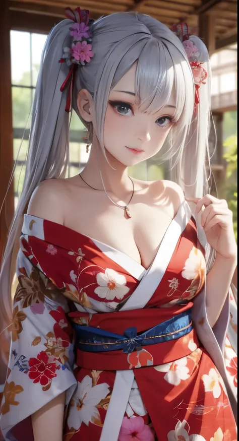 8K quality、highest quality、table top、Super high quality、super detailed、Super realistic hair texture、Beautiful woman in bright colors、beautiful long hair of silver color、shiny hair、fine hair、Twintail、red eyes、shiny skin,modest chest、Sweat on the forehead an...